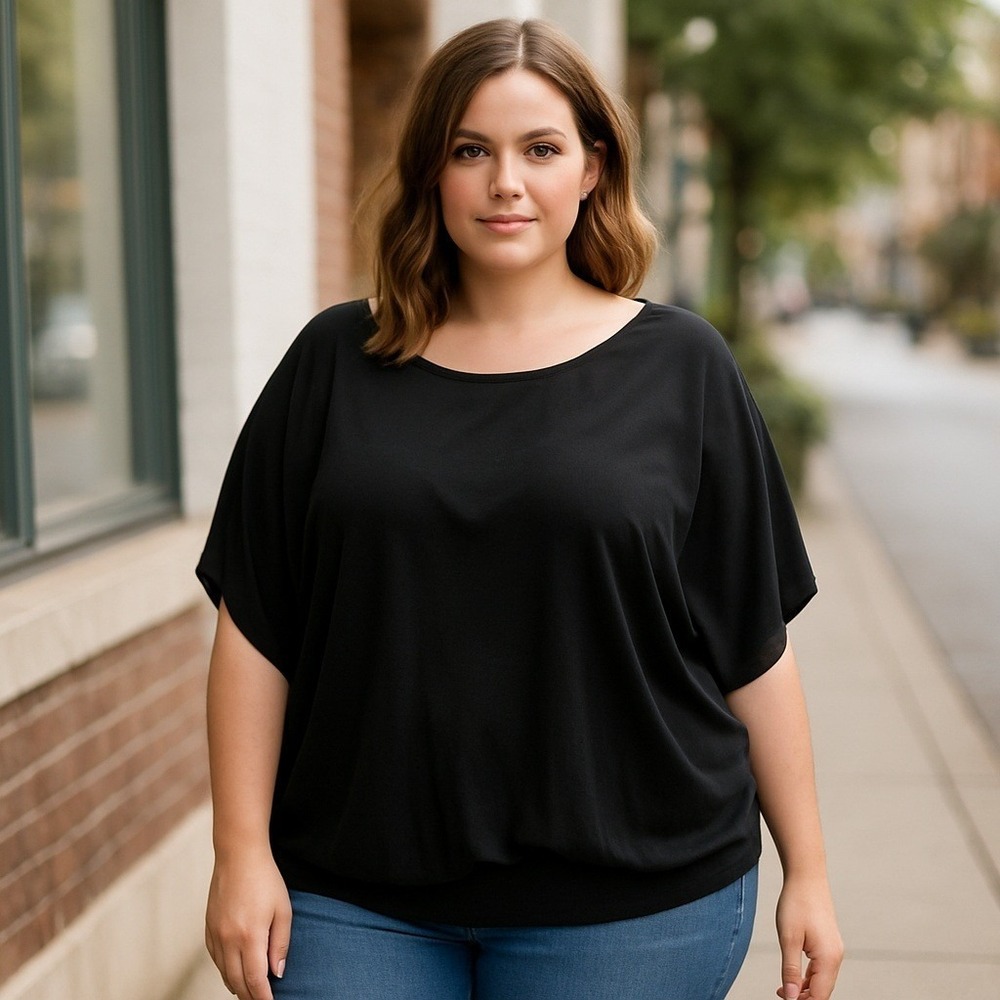 Involand Chiffon Overlay Batwing Sleeve Blouse Women Plus Size 4X Black Top